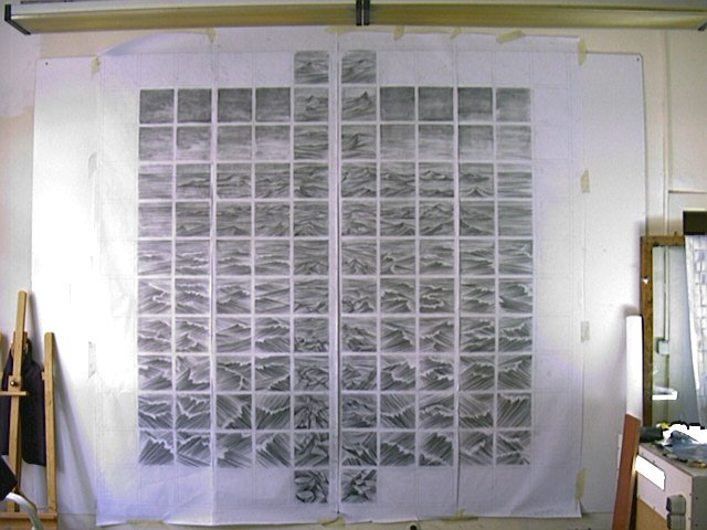 Half-scale tonal drawing in pencil and charcoal for the Falklands War Memorial Window, pinned across the studio wall panel by panel