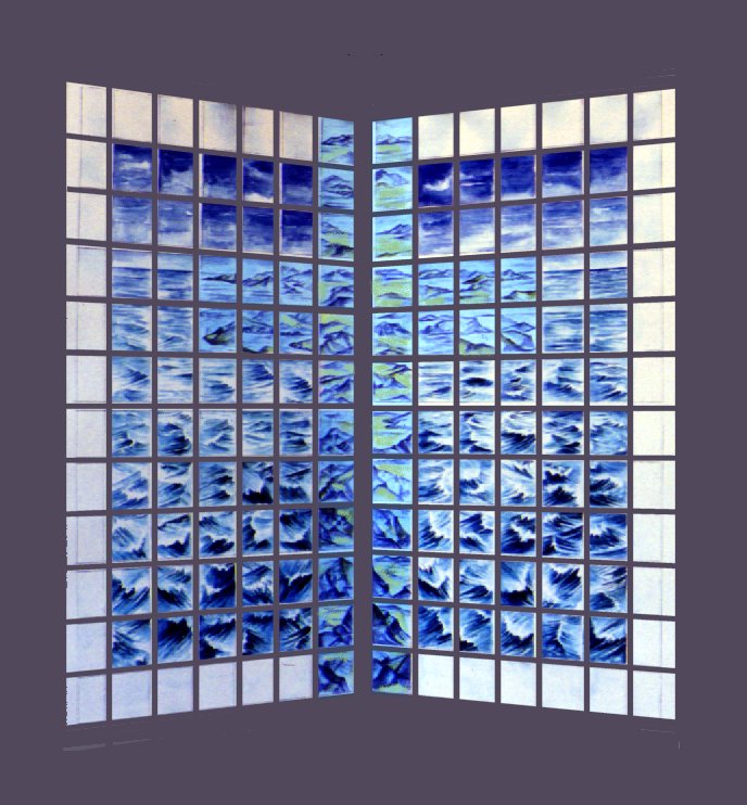Colour design study for the Falklands War Memorial Window, painted across the full grid of panels in blue tones, shown folded into the V-shaped window opening