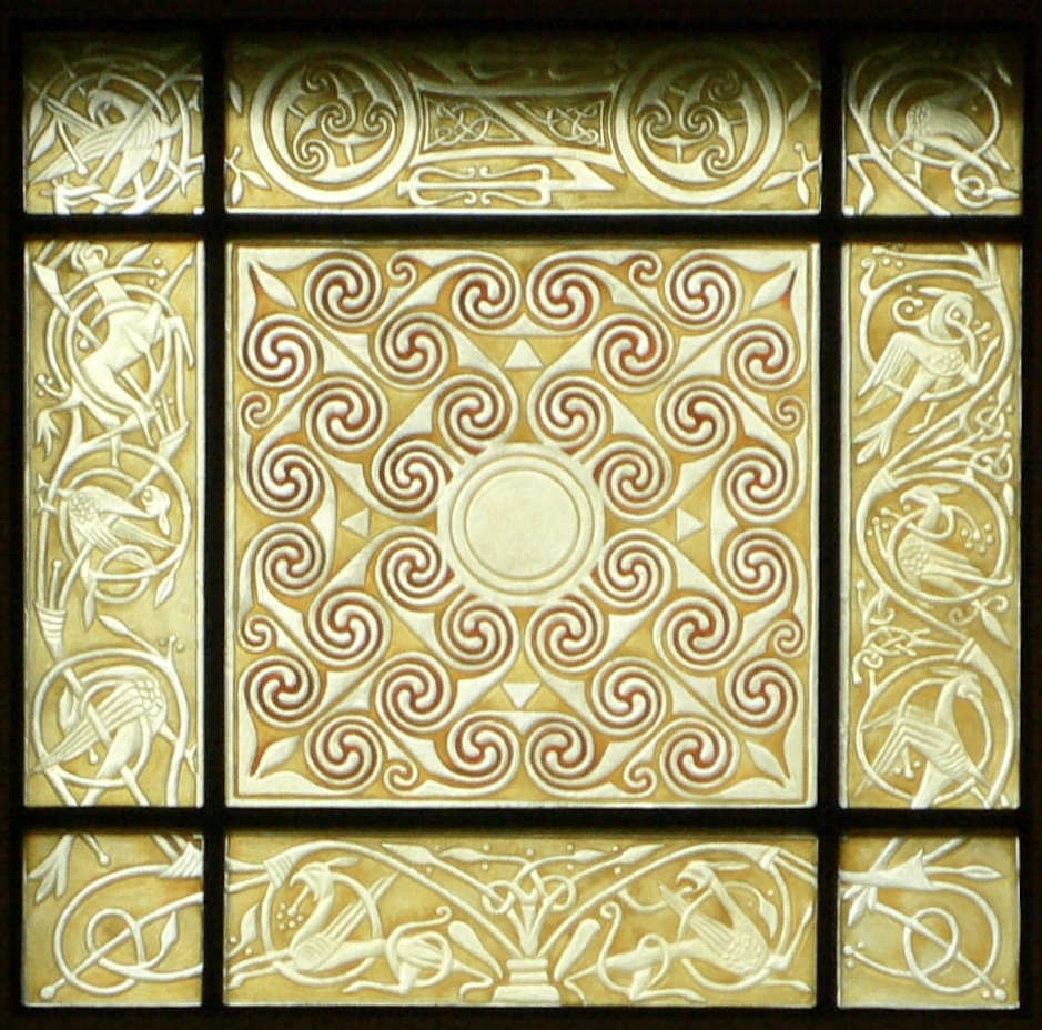 Glenmorangie Still House Window — fused Bullseye glass relief, Hilton of Cadboll Pictish spiral, Tain, Scotland