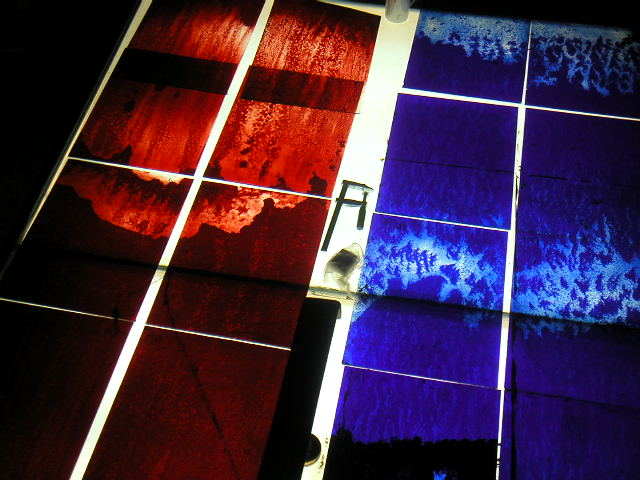 Water window — deep cobalt blue, atmospheric etching