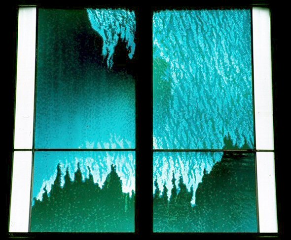 Fire window photographed from outside at night