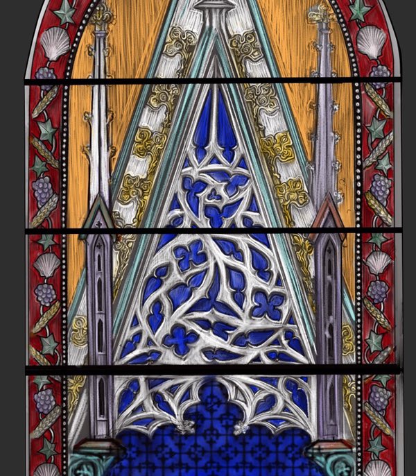 Detail of hand painting and silver staining — Pisa Baptistry window design