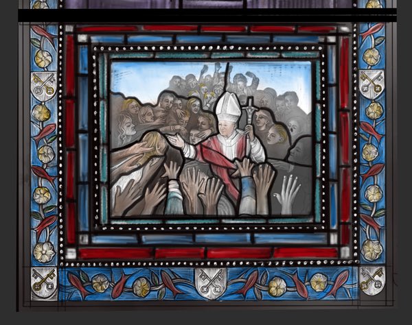 World Youth Day narrative panel — San Giovanni Paolo II window detail