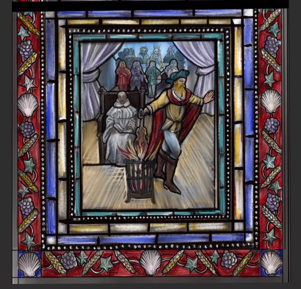 Violin in the fire narrative panel — San Ranieri window detail