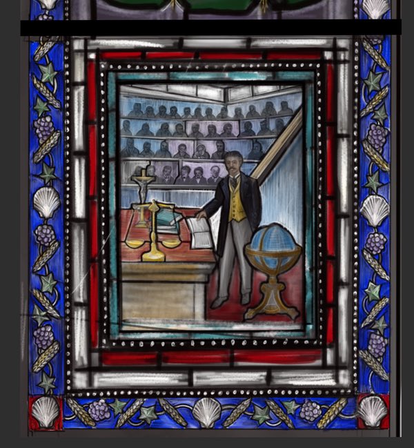 Lecture theatre narrative panel — Beato Giuseppe Toniolo window detail